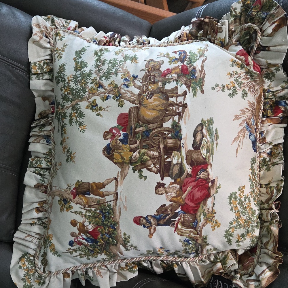 French Country Toile Ruffled Throw Pillows with Rustic Scene - Picture 10 of 17